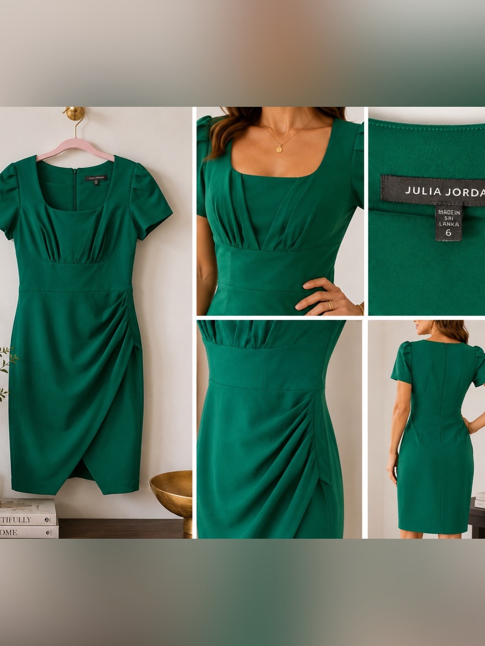 Julia Jordan Emerald Green Ruched Sheath Dress Size 6 Tulip Hem Cocktail Work - Picture 3 of 7